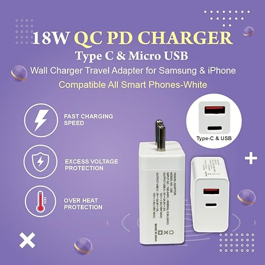 18W Type Quick Charger | Travel Accessories | Quick charging feature with universal compatibility - Flymaster Shop