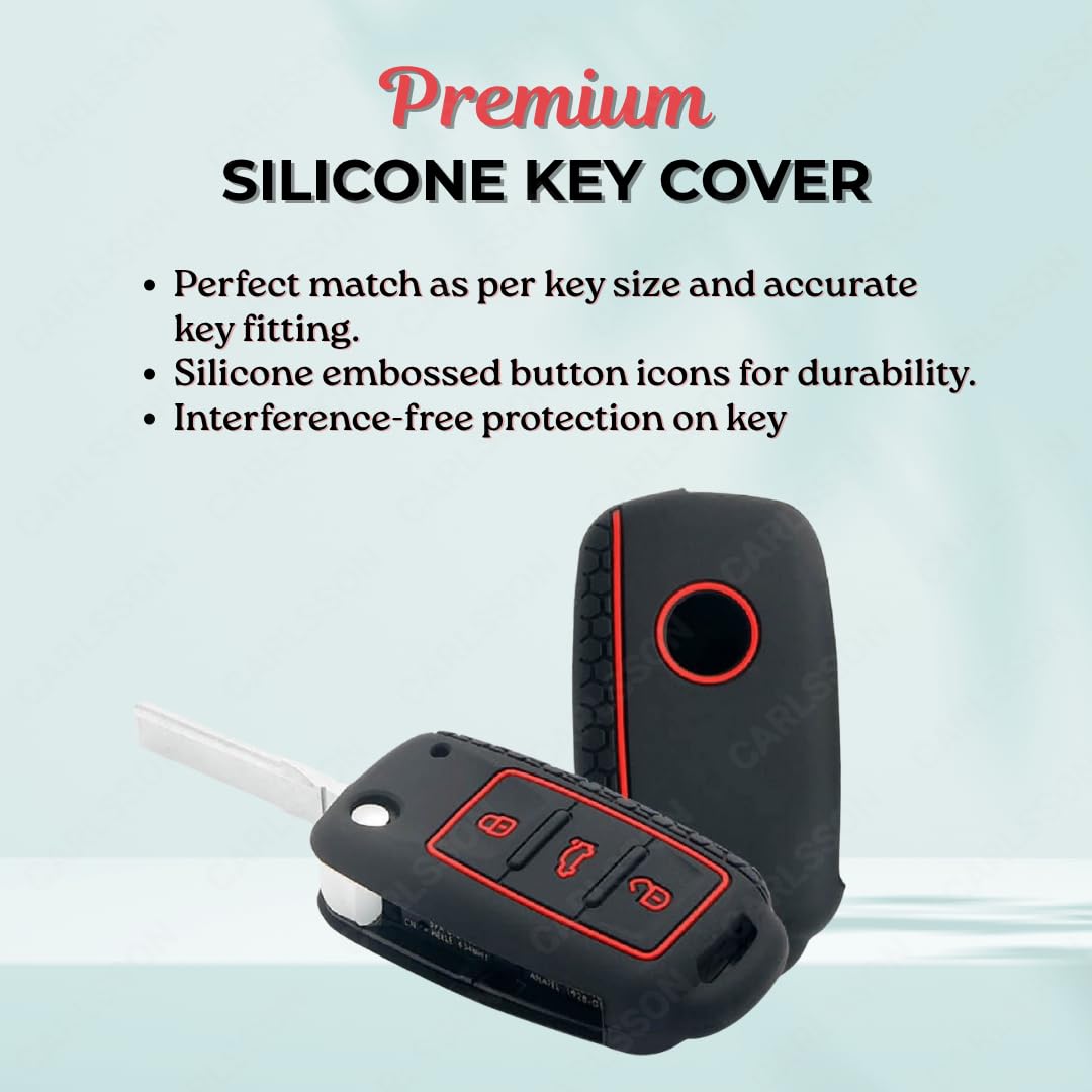 Silicone Car Key Cover for VW & Skoda Polo, Rapid, Superb, Vento, Yeti, Black with Red Trim, 3 Button, Premium Protection Case Brand: Generic