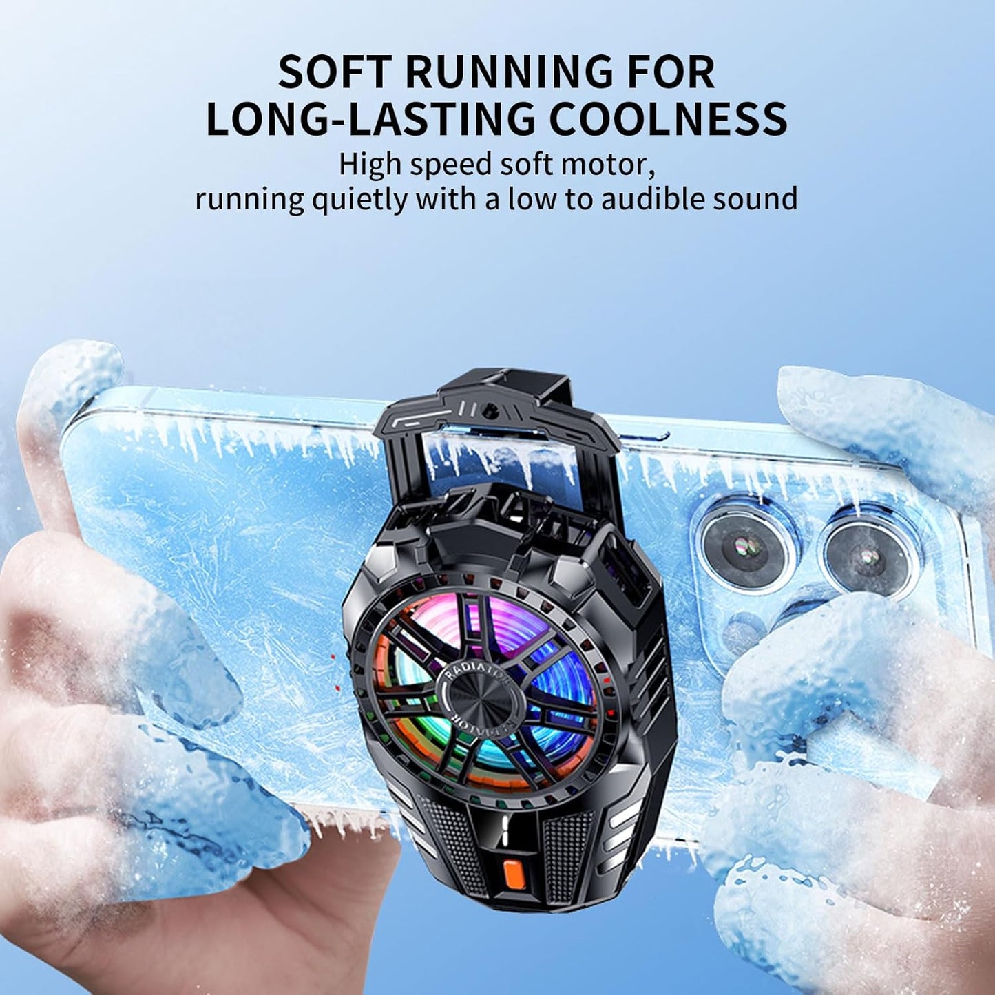 Mobile Cooling Pad with RGB LED Lighting, Type-C Power Interface, Gaming Fan for Instant Cooling, Advanced Refrigeration Chip, Temperature Display, Compatible with Android and iPhone, Black