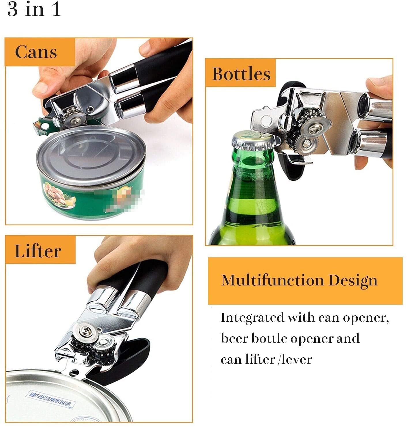 Universal CAN Opener/TIN Opener Stainless Steel 18 cm Multipurpose Opener for Cans and Tins for Household, Camping, and Parties, Black (Modern) - Flymaster Shop