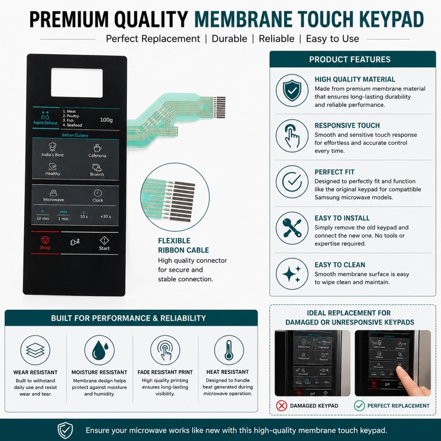 Replacement Membrane Touch Keypad for Samsung Microwave Oven MW73AD MW-73AD, Black