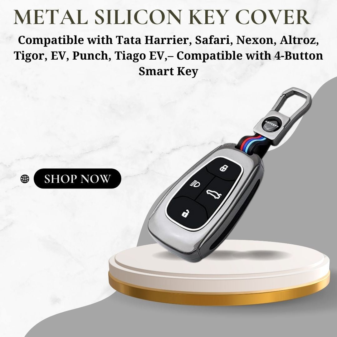 Protect your Tata car smart key in style with this Premium Metal Key Cover. Durable, stylish, and precisely designed for Harrier, Safari, Nexon, Altroz, EV, Punch, and Tiago EV 4 - button smart keys. - Flymaster ShopFlymaster ShopTata 4 - Button Smart Key