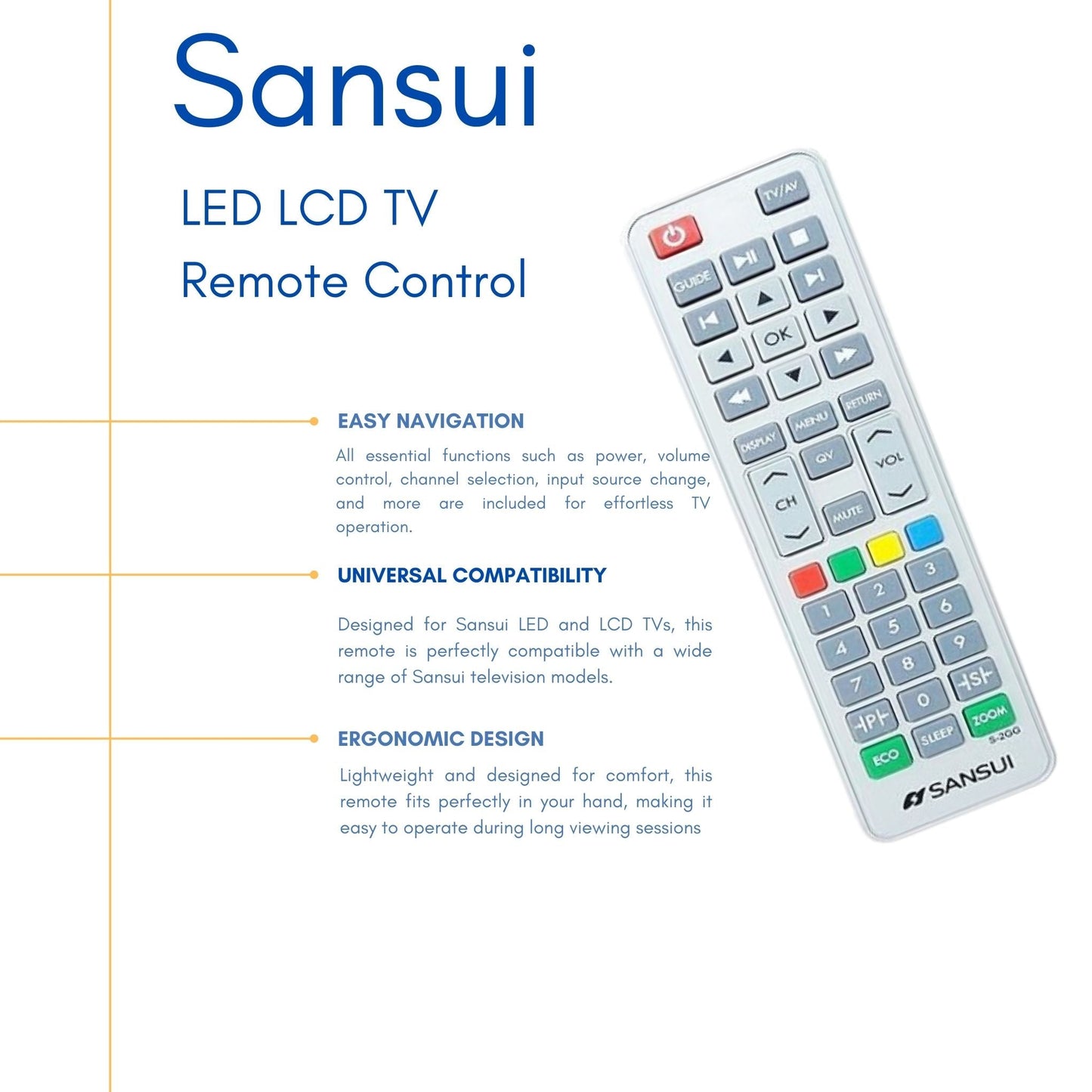Sansui TV Remote Control S-2Gg – Perfect Replacement for LED & LCD Models. - Flymaster Shop
