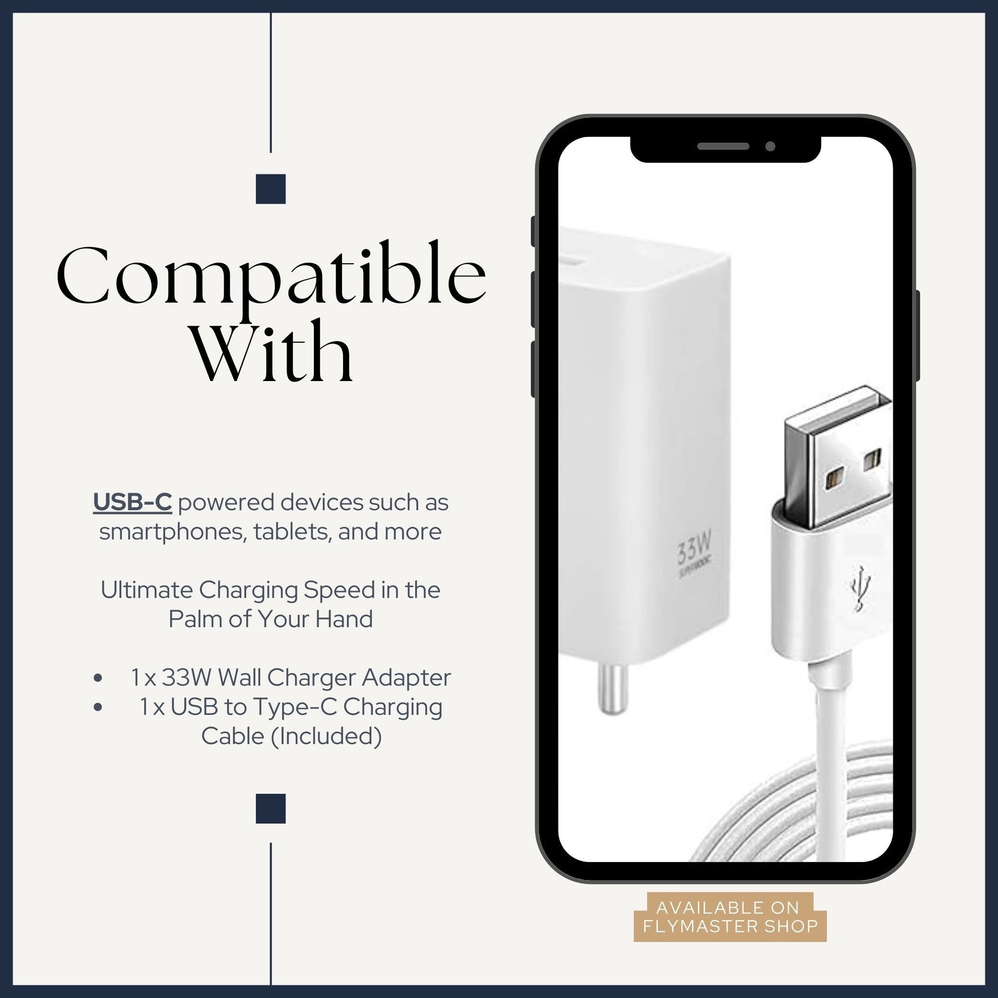 33W Fast Charger Adapter with USB to Type-C Cable | Quick Charge (QC) Technology | Wall Charger for USB-C Devices (White) - Flymaster Shop