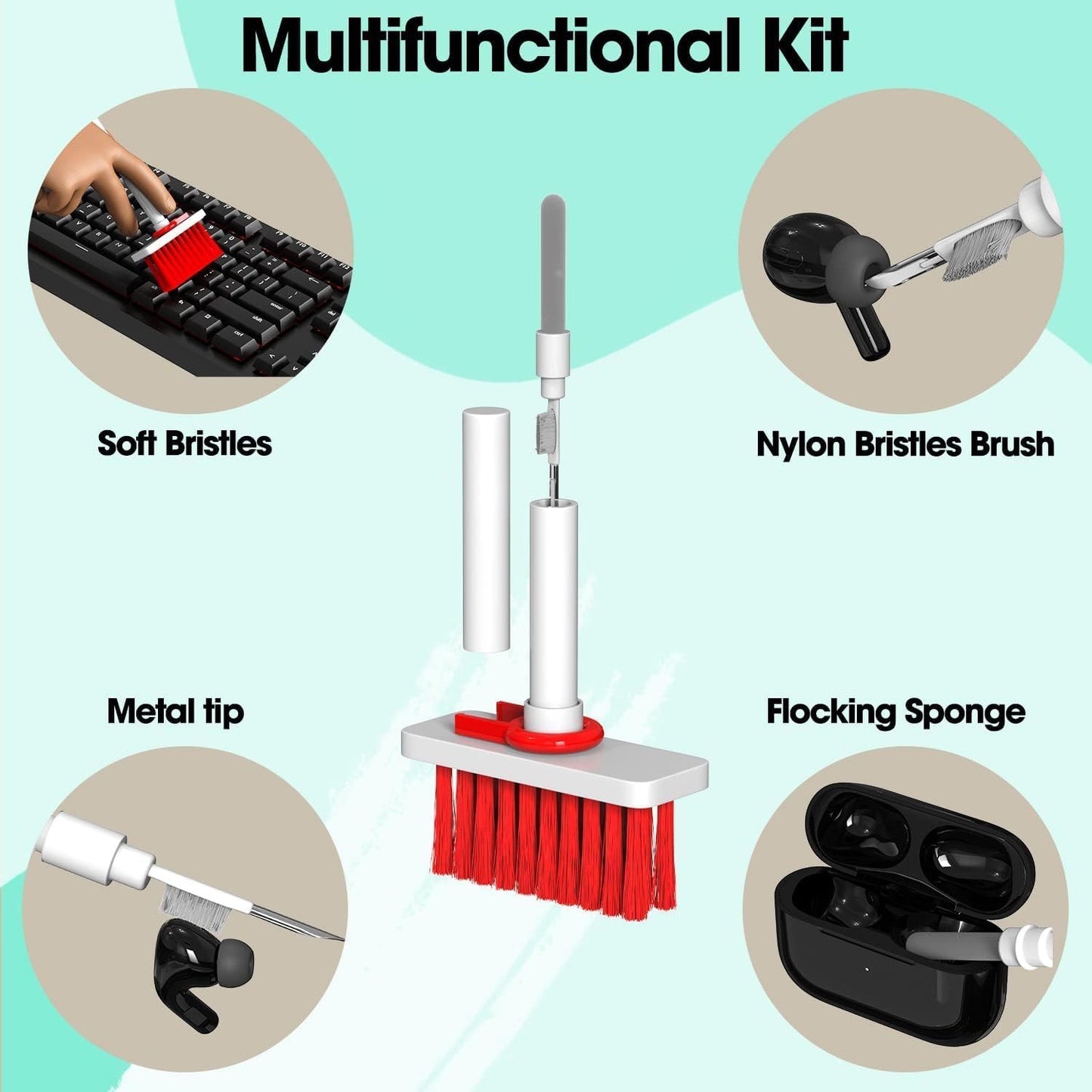 5 in 1 Soft Brush Multi-Function Cleaning Tools Kit for Keyboard & Earphone Cleaner Soft High-Density Brush Set with Keycap Puller Corner Gap Duster Gadget for Laptop Air pods Pro Camera Lens - Flymaster Shop