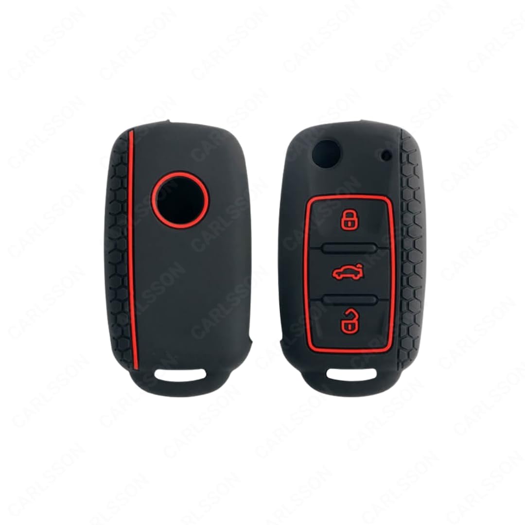 Silicone Car Key Cover for VW & Skoda Polo, Rapid, Superb, Vento, Yeti, Black with Red Trim, 3 Button, Premium Protection Case Brand: Generic