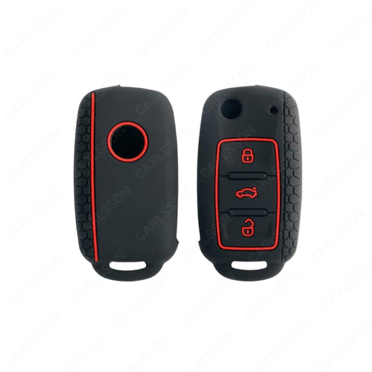 Silicone Car Key Cover for VW & Skoda Polo, Rapid, Superb, Vento, Yeti, Black with Red Trim, 3 Button, Premium Protection Case Brand: Generic