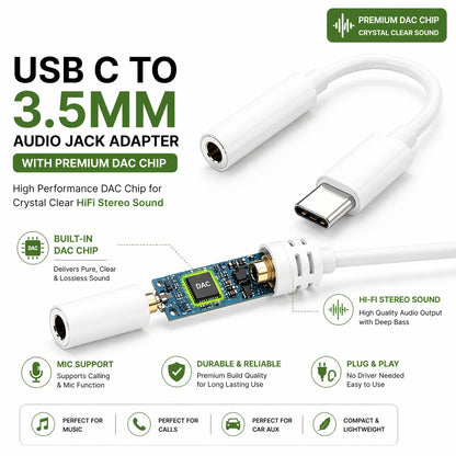 Type C to 3.5mm Hi-Res Audio Adapter, USB C to AUX Headphone Jack Converter with Mic Support for iPhone 15/16, Samsung, OnePlus & Android
