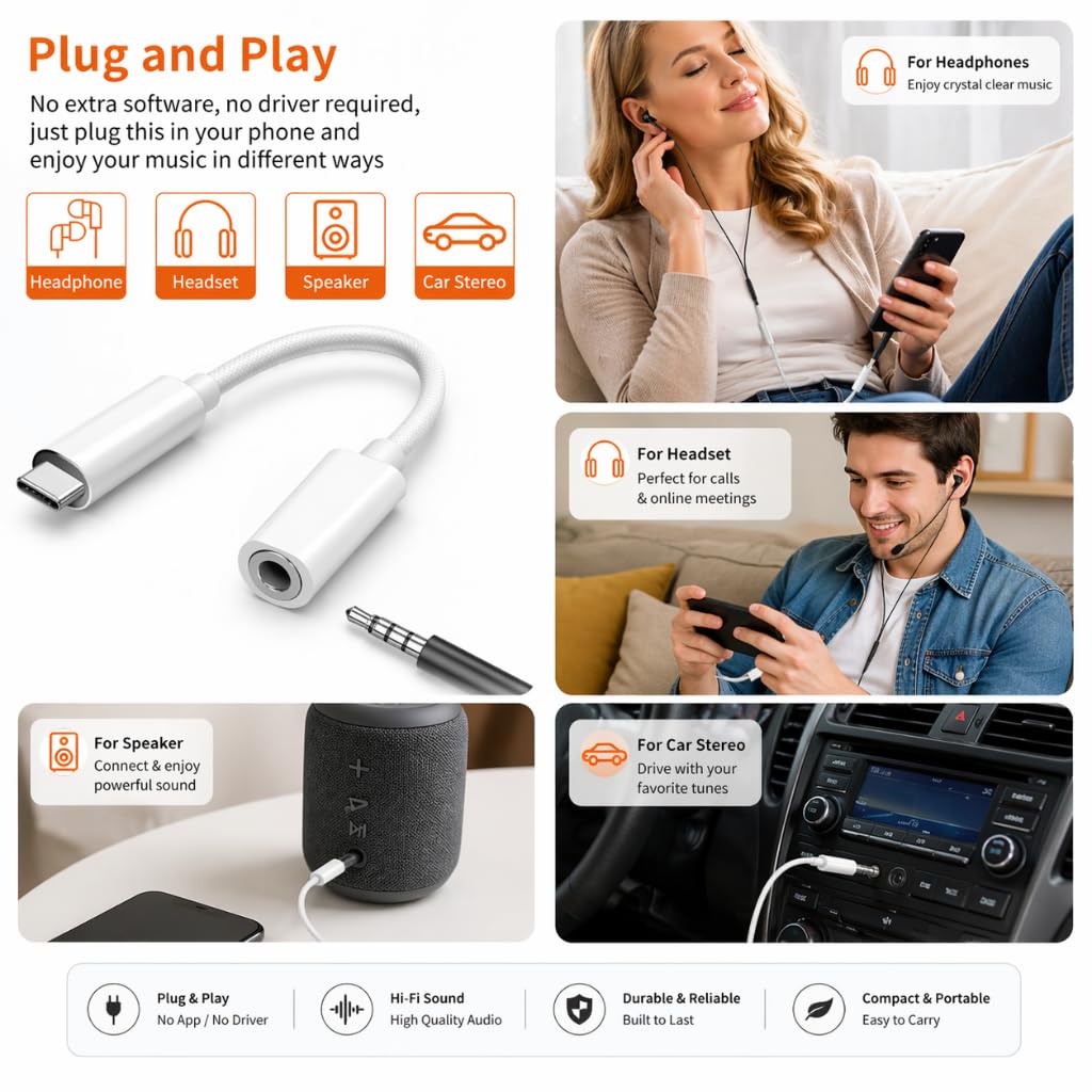 Type C to 3.5mm Hi-Res Audio Adapter, USB C to AUX Headphone Jack Converter with Mic Support for iPhone 15/16, Samsung, OnePlus & Android