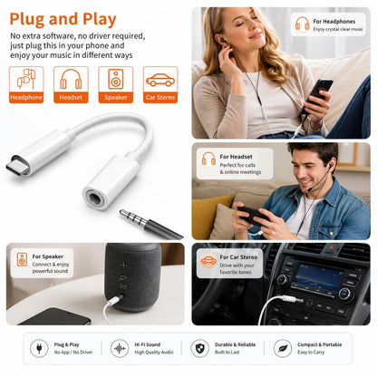 Type C to 3.5mm Hi-Res Audio Adapter, USB C to AUX Headphone Jack Converter with Mic Support for iPhone 15/16, Samsung, OnePlus & Android