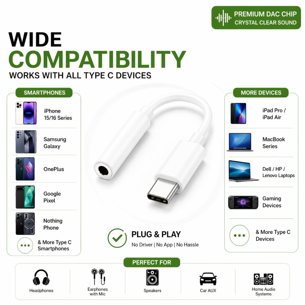 Type C to 3.5mm Hi-Res Audio Adapter, USB C to AUX Headphone Jack Converter with Mic Support for iPhone 15/16, Samsung, OnePlus & Android