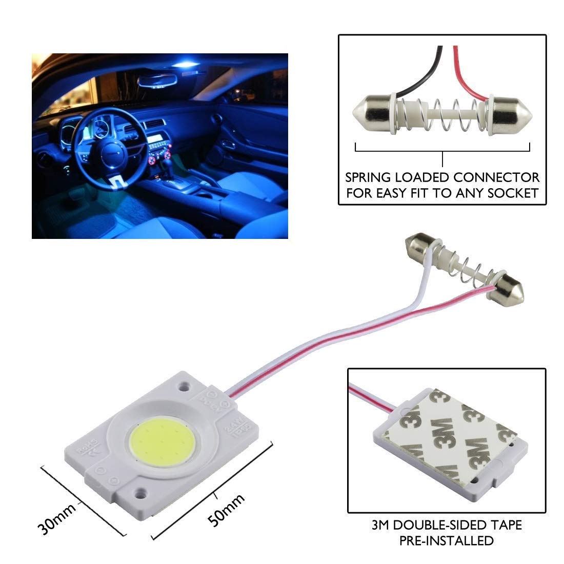 LED Light for Cars Interior COB Roof Light Bright 12Volts DC universal for all cars - Set of 2 (Warm White Color)