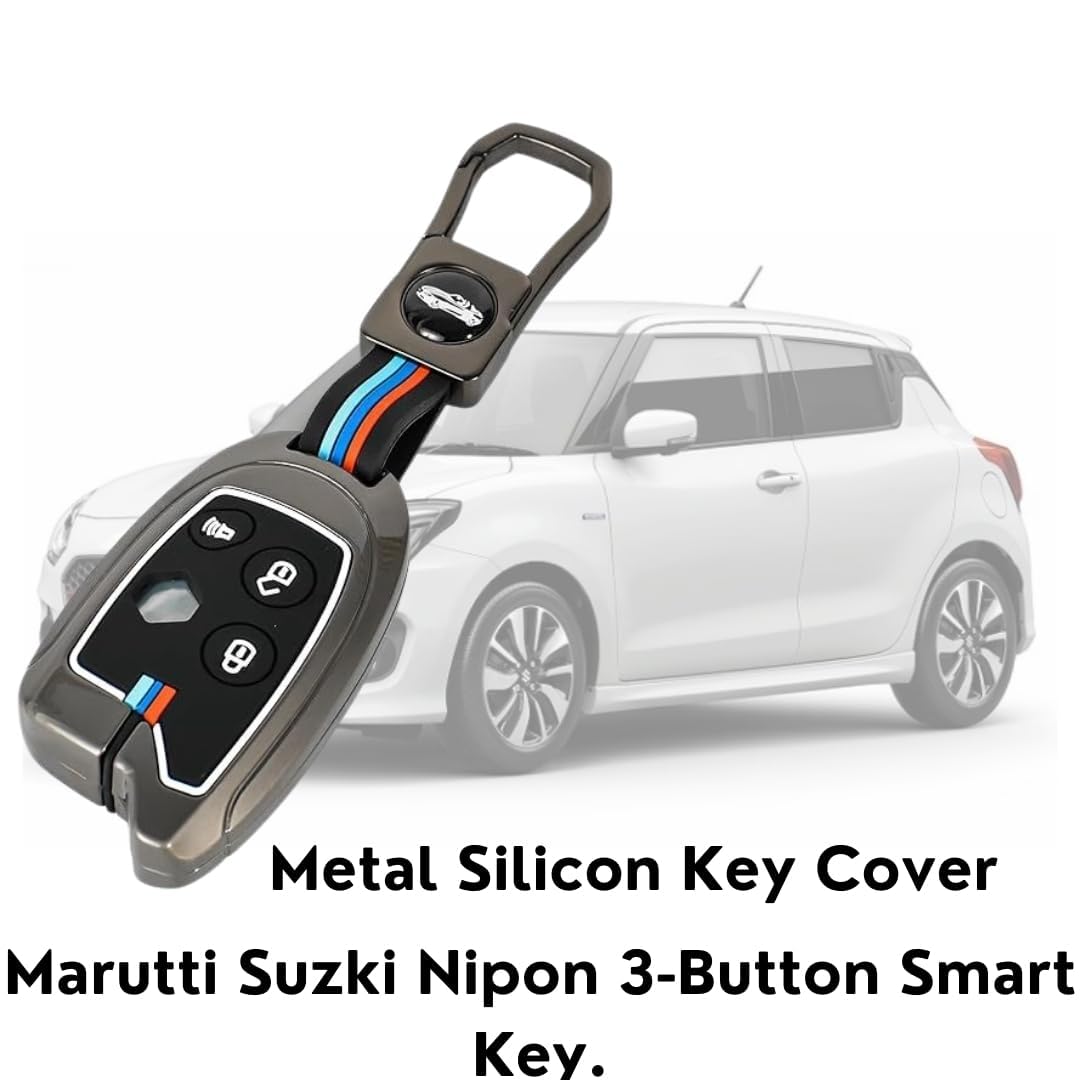 Metal Silicon Key Cover for Maruti Suzuki Nippon 3-Button Smart Key, Black, Premium Metal and Silicone Protection, Visible in Low-Light, Pack of 1