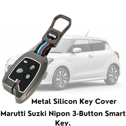 Metal Silicon Key Cover for Maruti Suzuki Nippon 3-Button Smart Key, Black, Premium Metal and Silicone Protection, Visible in Low-Light, Pack of 1