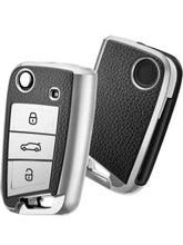 Leather Key Cover Compatible for Kushaq, Octavia, Kodiaq, Superb, Slavia, Passat 3B Flip Key (Silver) with Key Ring