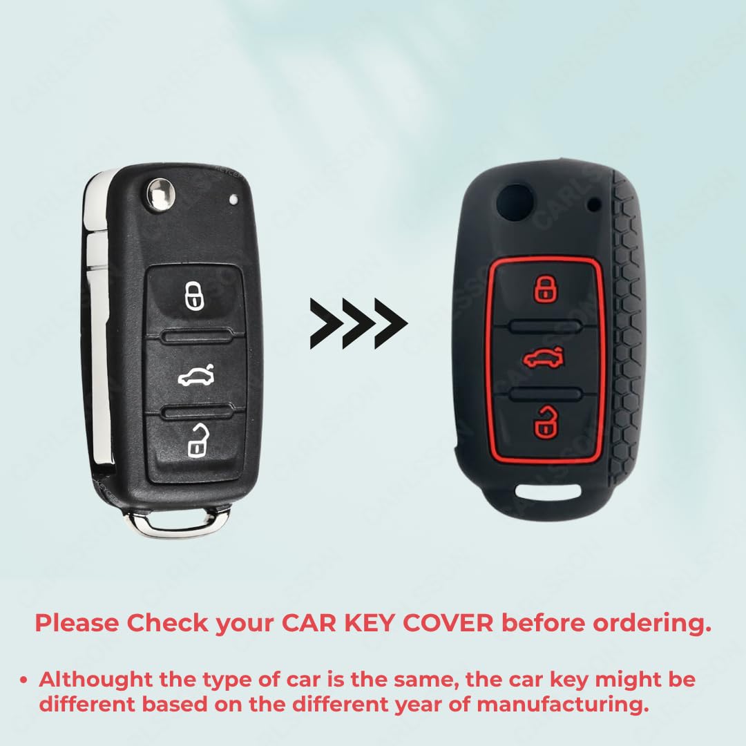 Silicone Car Key Cover for VW & Skoda Polo, Rapid, Superb, Vento, Yeti, Black with Red Trim, 3 Button, Premium Protection Case Brand: Generic