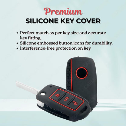 Silicone Car Key Cover for VW & Skoda Polo, Rapid, Superb, Vento, Yeti, Black with Red Trim, 3 Button, Premium Protection Case Brand: Generic