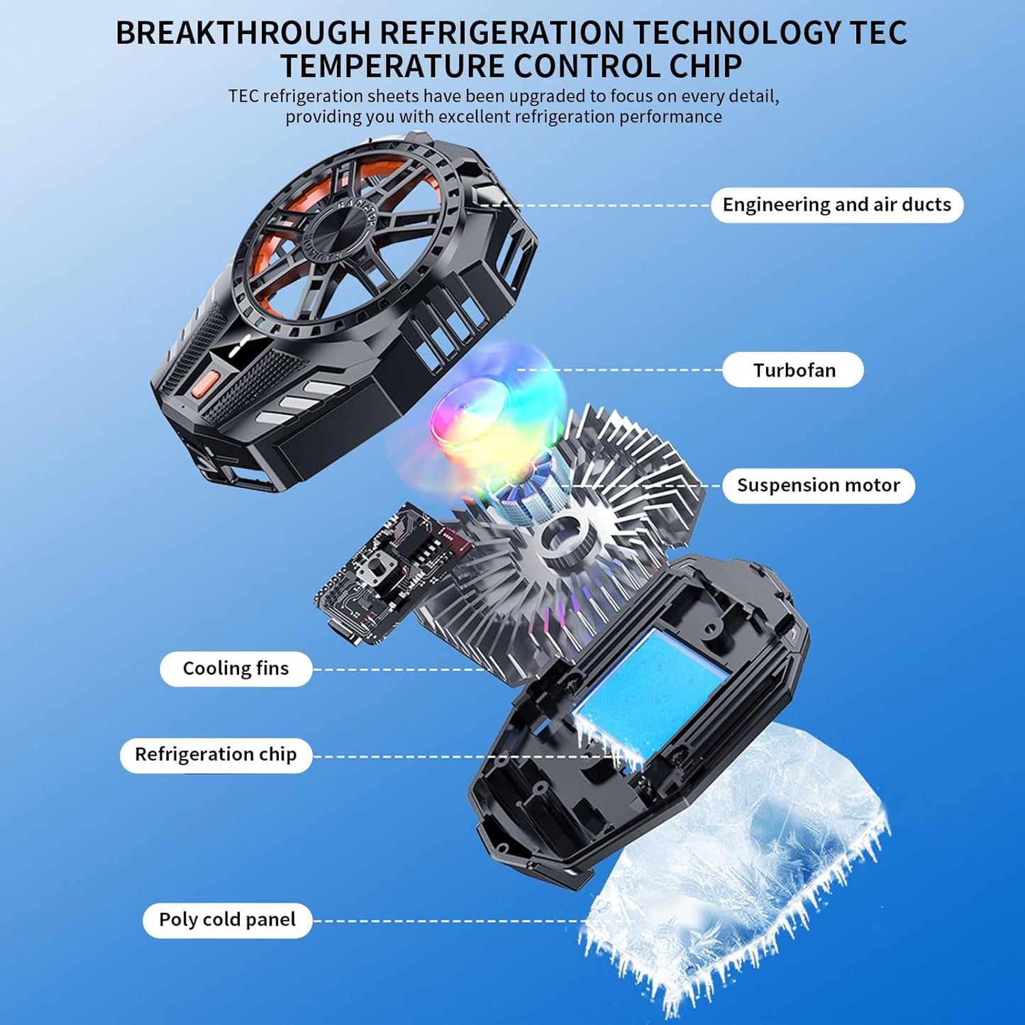 Mobile Cooling Pad with RGB LED Lighting, Type-C Power Interface, Gaming Fan for Instant Cooling, Advanced Refrigeration Chip, Temperature Display, Compatible with Android and iPhone, Black