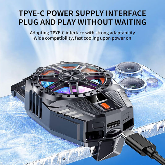 Mobile Cooling Pad with RGB LED Lighting, Type-C Power Interface, Gaming Fan for Instant Cooling, Advanced Refrigeration Chip, Temperature Display, Compatible with Android and iPhone, Black
