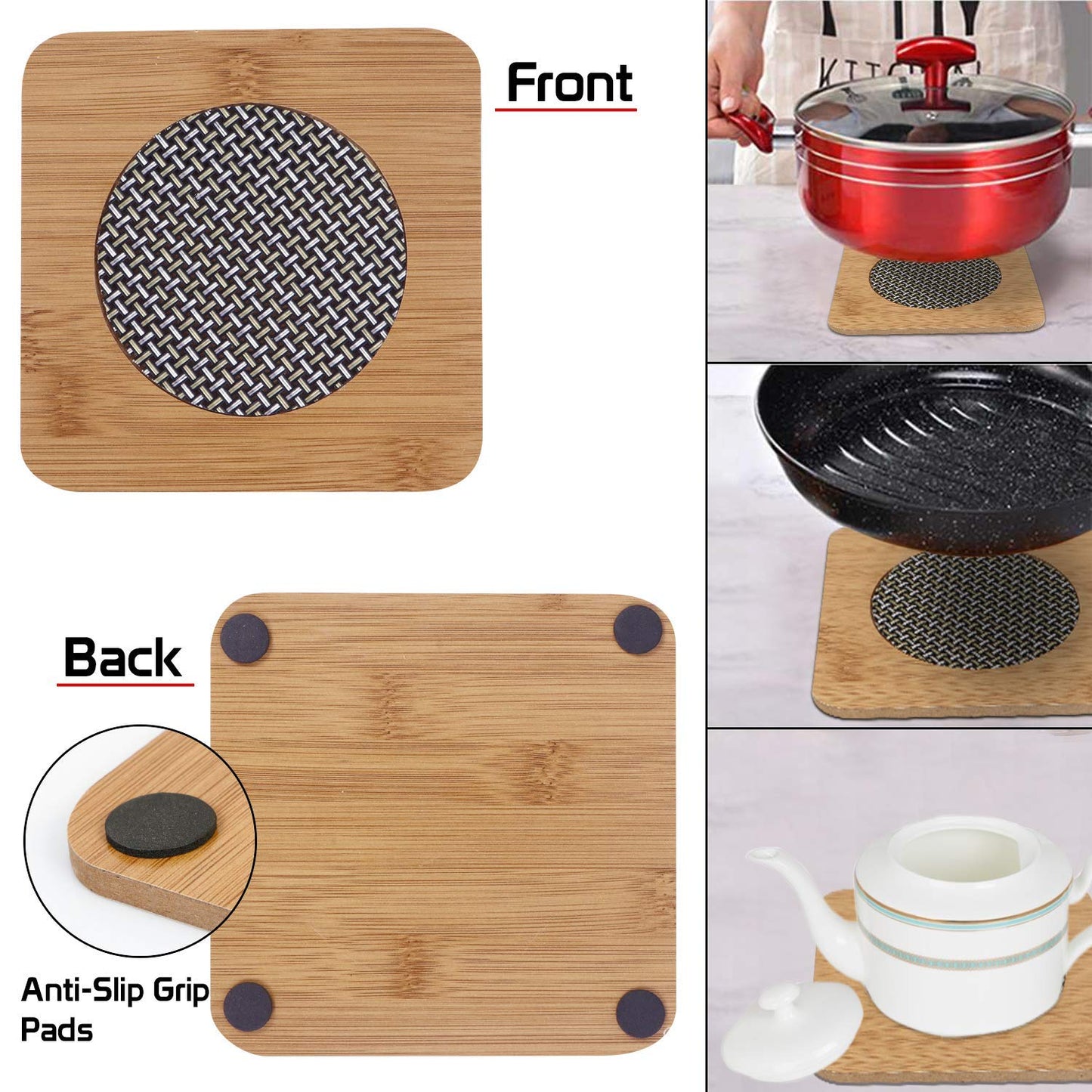 Bamboo Wooden Coasters for Home Pan Pot Holder for Dining Table Heat Pad for Kitchen - Pack of 2 (AR2922)