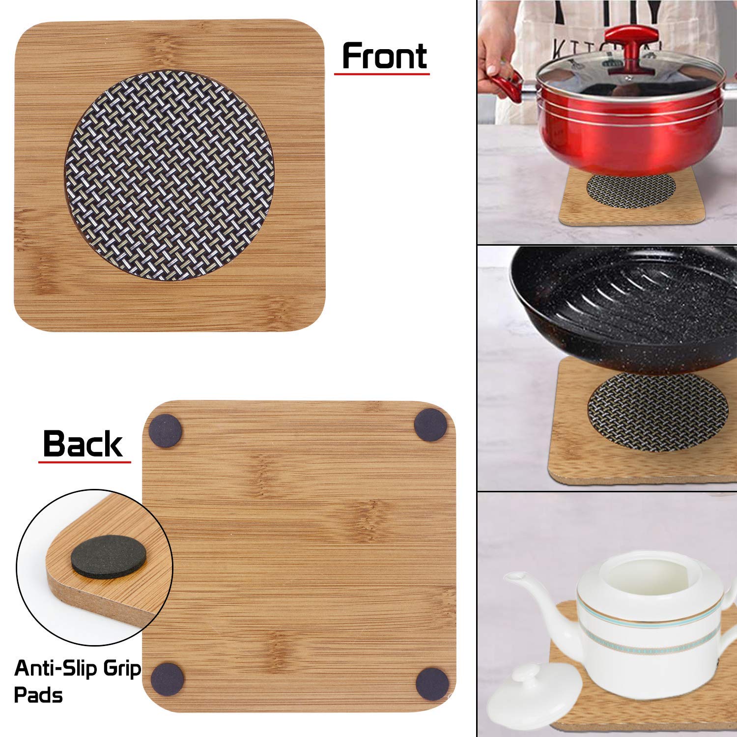 Bamboo Wooden Coasters for Home Pan Pot Holder for Dining Table Heat Pad for Kitchen - Pack of 2 (AR2922) - Flymaster Shop