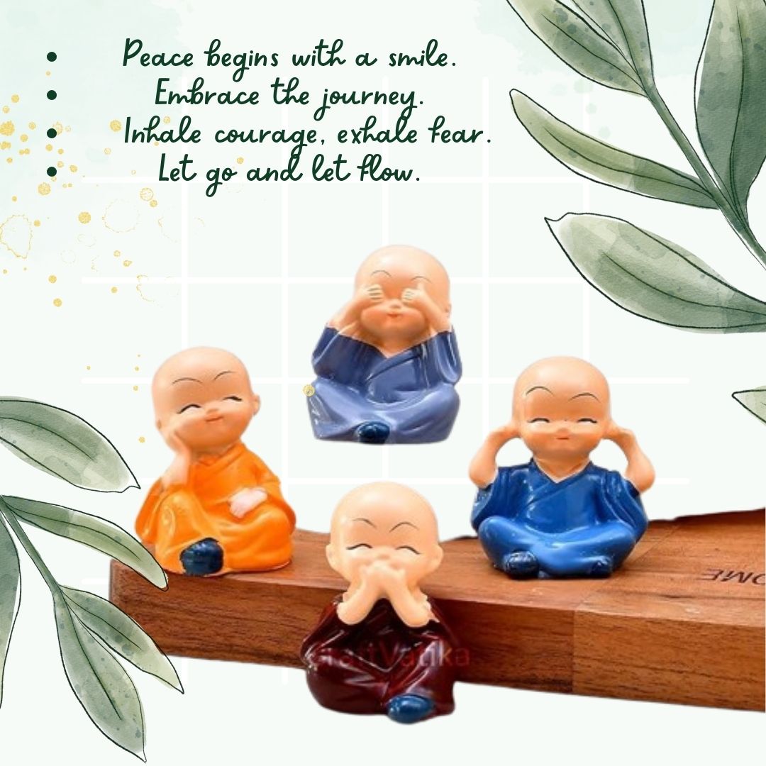 Buddha Monk Set of 4 Statues – Charming Mini Figurines Perfect for Home Decor, Car Dashboards, or Office desks, Ideal as Thoughtful Gifts or Elegant Tabletop Accents. (Pack of 1) - Flymaster Shop