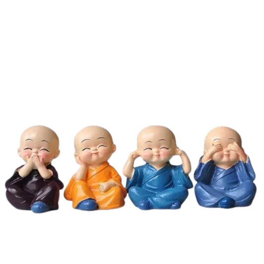 Buddha Monk Set of 4 Statues – Charming Mini Figurines Perfect for Home Decor, Car Dashboards, or Office desks, Ideal as Thoughtful Gifts or Elegant Tabletop Accents. (Pack of 1) - Flymaster Shop