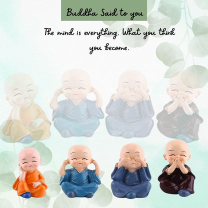 Buddha Monk Set of 4 Statues – Charming Mini Figurines Perfect for Home Decor, Car Dashboards, or Office desks, Ideal as Thoughtful Gifts or Elegant Tabletop Accents. (Pack of 1) - Flymaster Shop