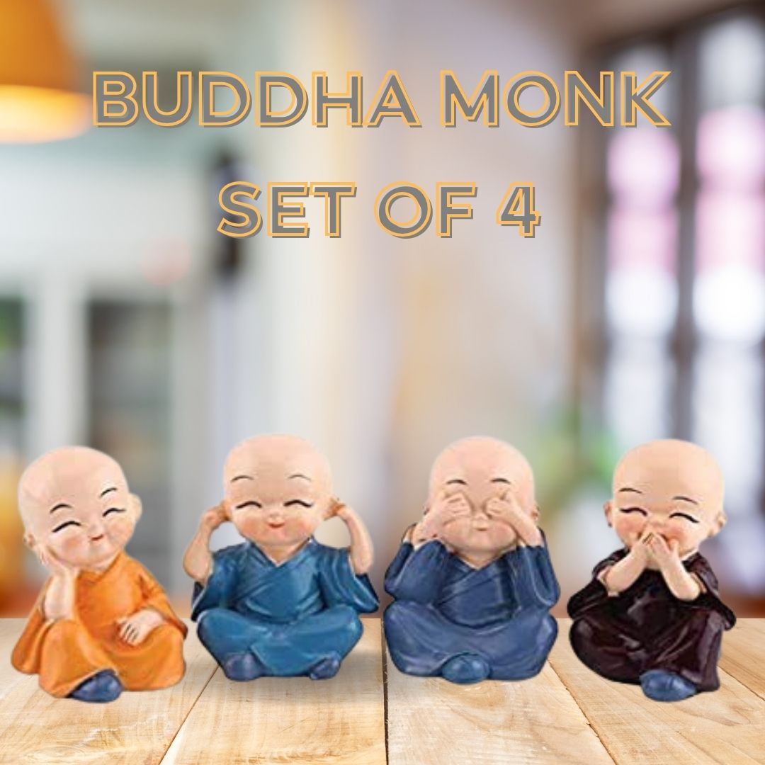Buddha Monk Set of 4 Statues – Charming Mini Figurines Perfect for Home Decor, Car Dashboards, or Office desks, Ideal as Thoughtful Gifts or Elegant Tabletop Accents. (Pack of 1) - Flymaster Shop