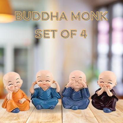 Buddha Monk Set of 4 Statues – Charming Mini Figurines Perfect for Home Decor, Car Dashboards, or Office desks, Ideal as Thoughtful Gifts or Elegant Tabletop Accents. (Pack of 1) - Flymaster Shop