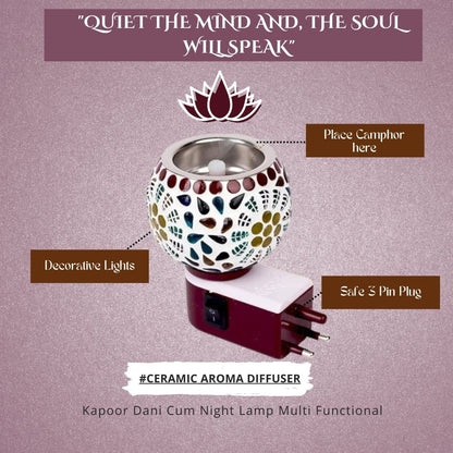 Ceramic Aroma Diffuser & Kapoor Dani with Night Light | Essential Oil and Camphor Burner with Easy On/Off Function for Fragrance and Relaxation Pack of 1. - Flymaster Shop
