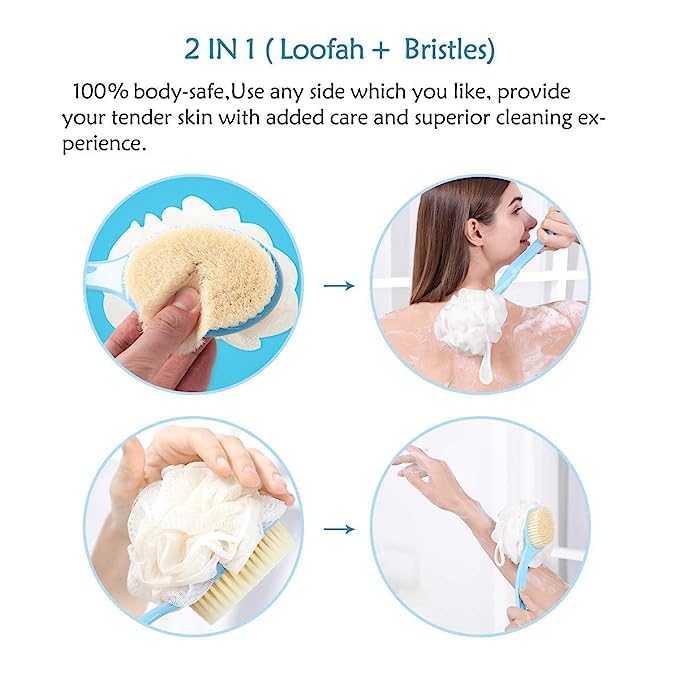 Enterprise 2 in 1 Plastic Loofah Bath Scrub Brush with Long Handle, Brush with Bristles and Loofah, Skin Exfoliating Bath, Massage Bristles Suitable for Wet or Dry, Men and Women (Multicolor) - Flymaster Shop