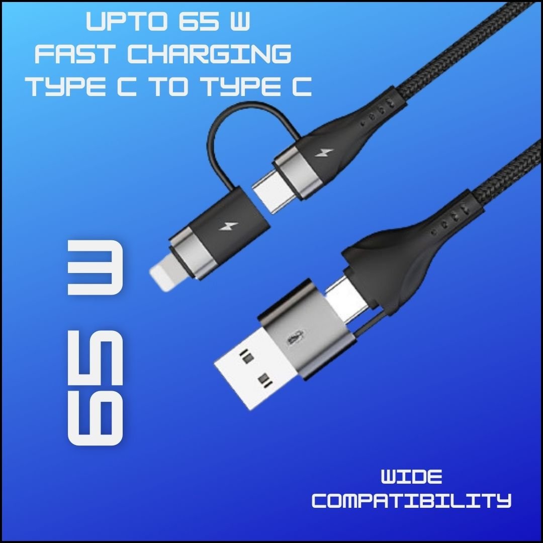 Flymaster 4-in-1 Fast Charging USB Cable | 65W Type-C, 60W USB-C, 30W Lightning iOS | Nylon Braided | 1M Black - Flymaster Shop