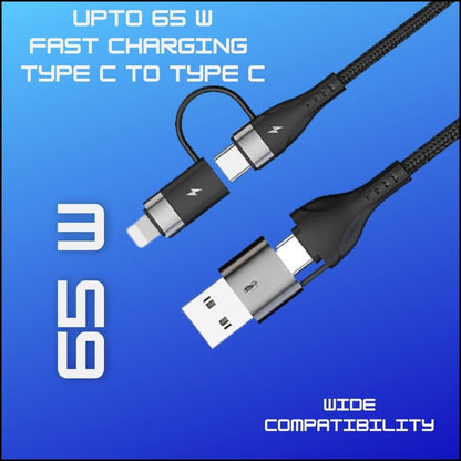 Flymaster 4-in-1 Fast Charging USB Cable | 65W Type-C, 60W USB-C, 30W Lightning iOS | Nylon Braided | 1M Black - Flymaster Shop