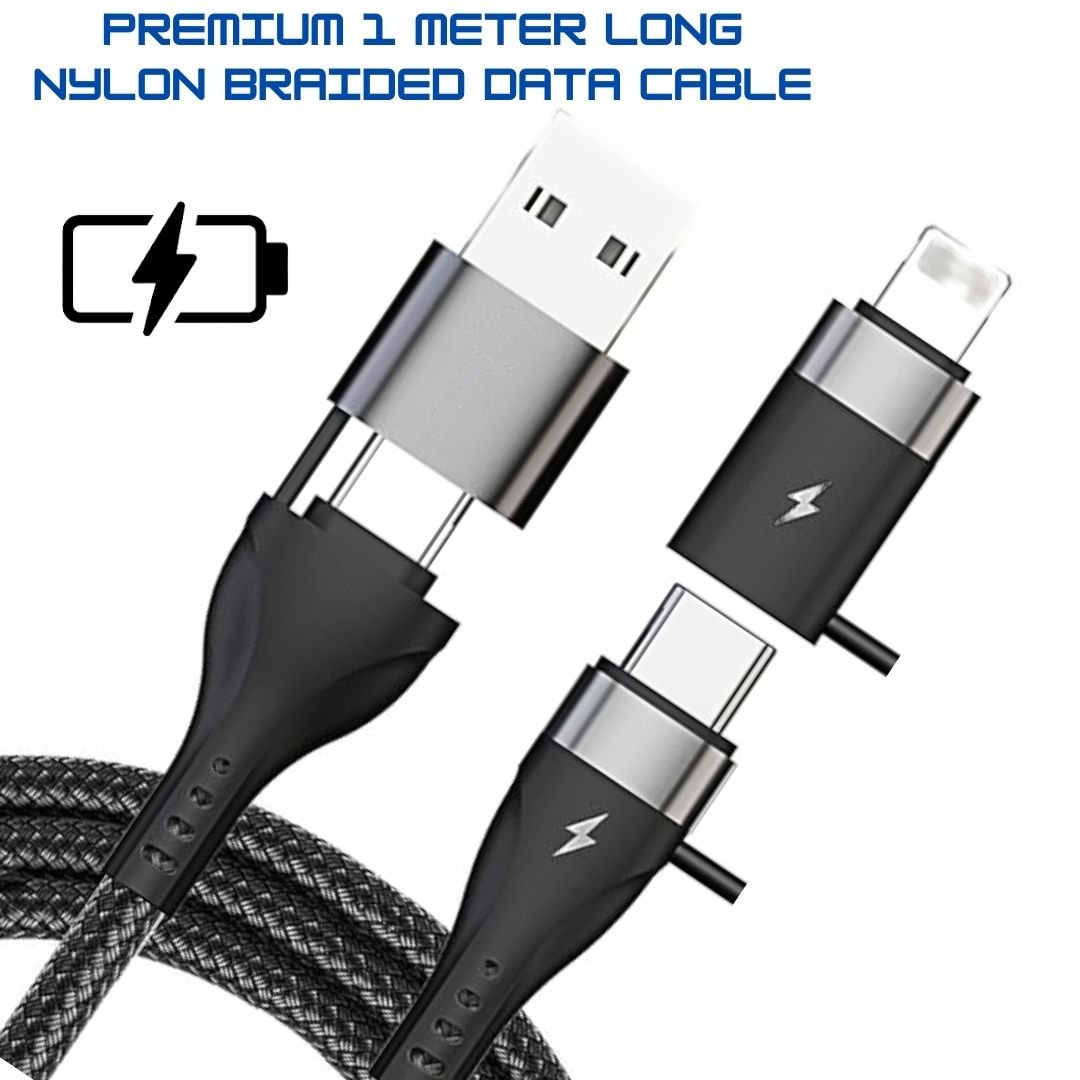 Flymaster 4-in-1 Fast Charging USB Cable | 65W Type-C, 60W USB-C, 30W Lightning iOS | Nylon Braided | 1M Black - Flymaster Shop