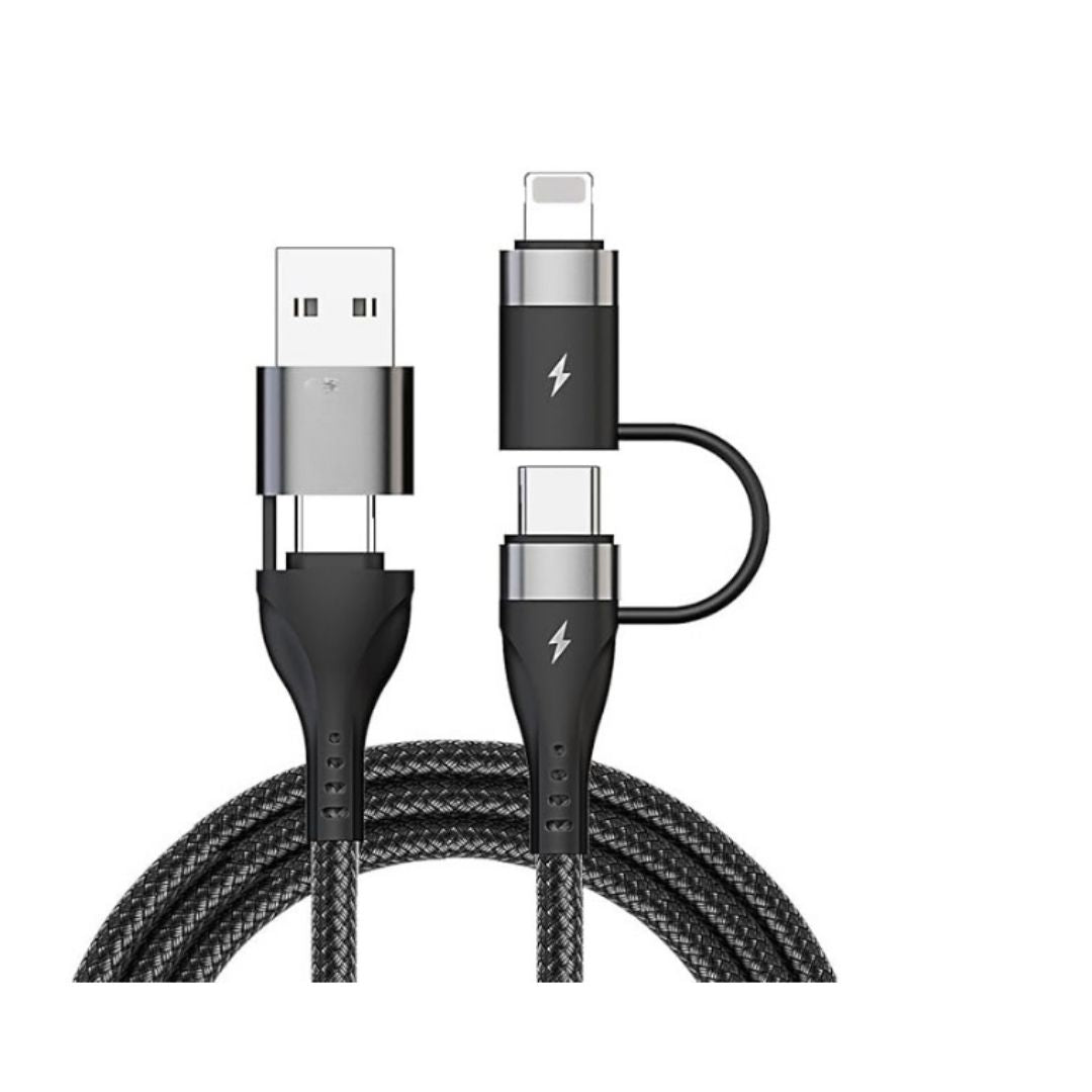 Flymaster 4-in-1 Fast Charging USB Cable | 65W Type-C, 60W USB-C, 30W Lightning iOS | Nylon Braided | 1M Black - Flymaster Shop