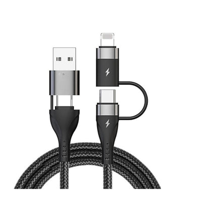 Flymaster 4-in-1 Fast Charging USB Cable | 65W Type-C, 60W USB-C, 30W Lightning iOS | Nylon Braided | 1M Black - Flymaster Shop