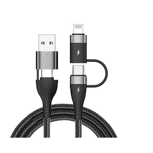Flymaster 4-in-1 Fast Charging USB Cable | 65W Type-C, 60W USB-C, 30W Lightning iOS | Nylon Braided | 1M Black - Flymaster Shop