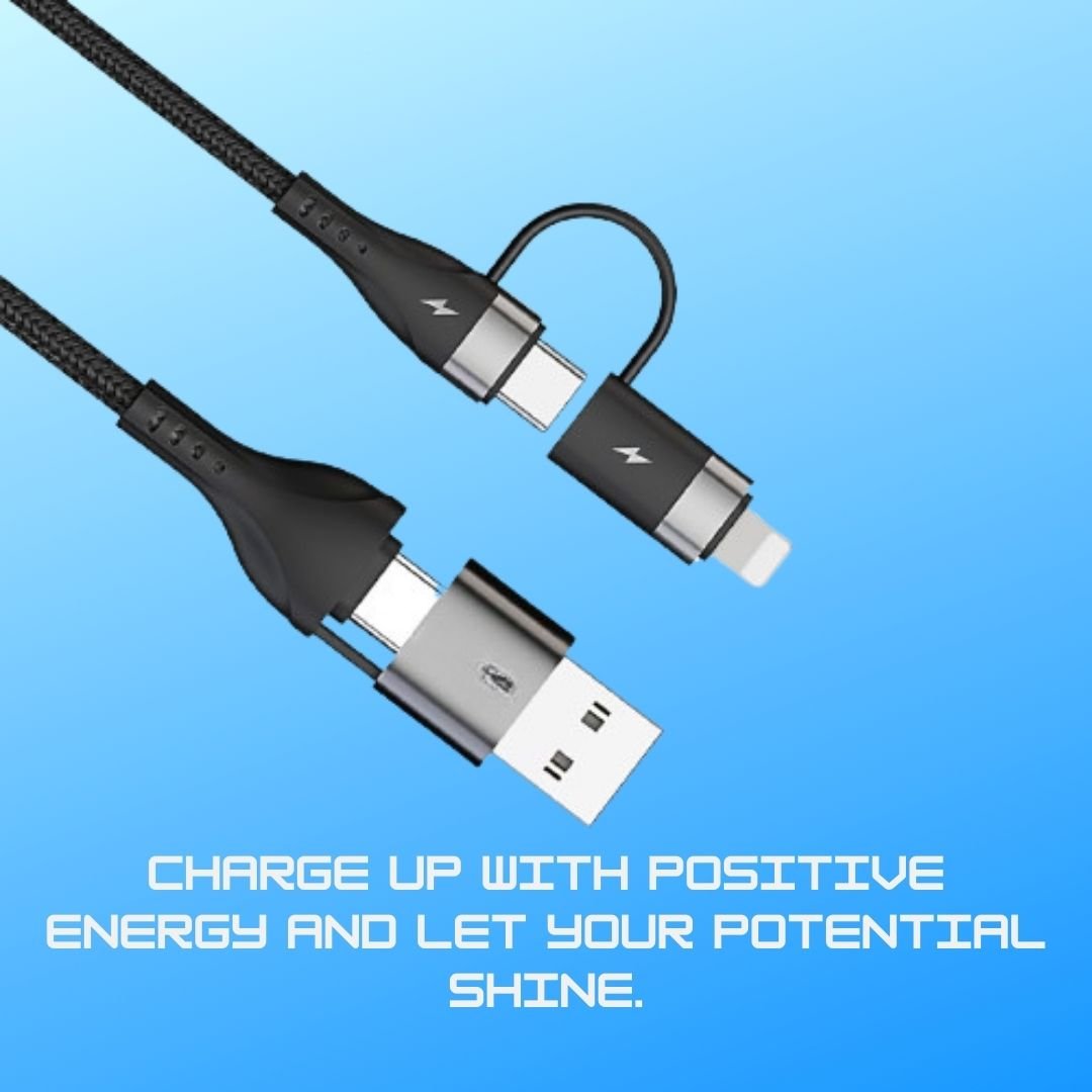 Flymaster 4-in-1 Fast Charging USB Cable | 65W Type-C, 60W USB-C, 30W Lightning iOS | Nylon Braided | 1M Black - Flymaster Shop