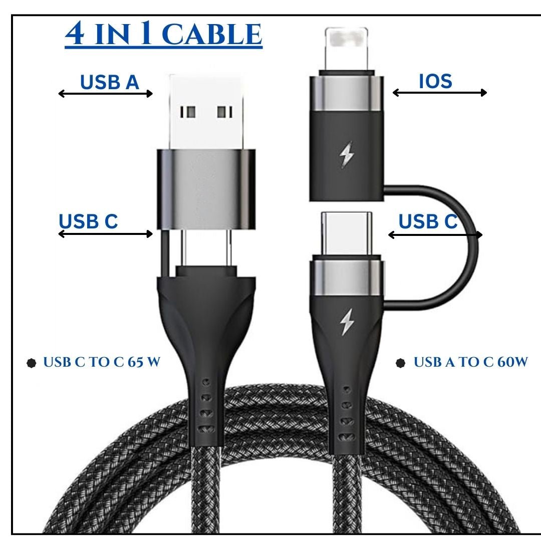 Flymaster 4-in-1 Fast Charging USB Cable | 65W Type-C, 60W USB-C, 30W Lightning iOS | Nylon Braided | 1M Black - Flymaster Shop