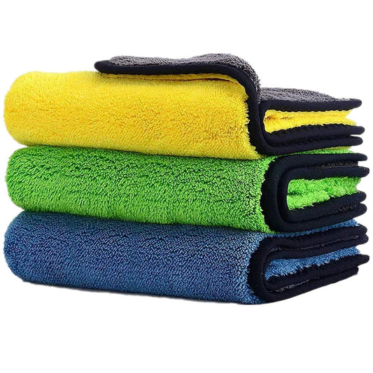 Heavy Microfiber Cloth for Car Cleaning and Detailing, Double Sided, Extra Thick Plush Microfiber Towel Lint-Free, 800 GSM, Pack of 3, Color: Blue, Yellow, Green - Flymaster Shop