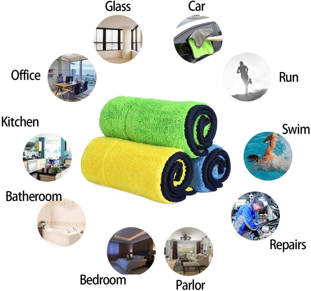 Heavy Microfiber Cloth for Car Cleaning and Detailing, Double Sided, Extra Thick Plush Microfiber Towel Lint-Free, 800 GSM, Pack of 3, Color: Blue, Yellow, Green - Flymaster Shop