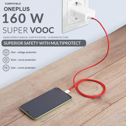160W SuperVOOC Charger Set with Cable – Ultra Fast Charging for OnePlus 12R, 12, 11, 10 Series & Nord CE3/CE2 Lite 5G – White
