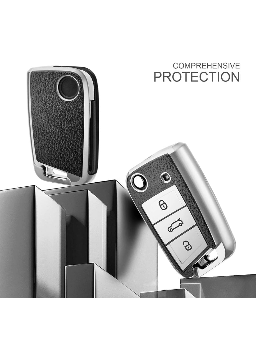 Leather Key Cover Compatible with Kushaq, Octavia, Kodiaq, Superb, Slavia, Passat 3B Flip Key (Silver) – Premium Protection with Key Ring - Flymaster Shop