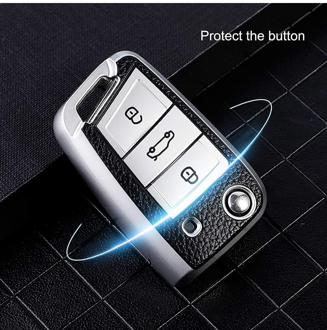 Leather Key Cover Compatible with Kushaq, Octavia, Kodiaq, Superb, Slavia, Passat 3B Flip Key (Silver) – Premium Protection with Key Ring - Flymaster Shop