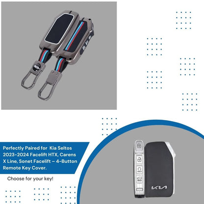 Metal Shell Silicone Key Cover Compatible with Kia Seltos 2023-2024 Facelift HTX, Carens X Line, Sonet Facelift – 4-Button Remote Key Cover for Kia - Flymaster Shop