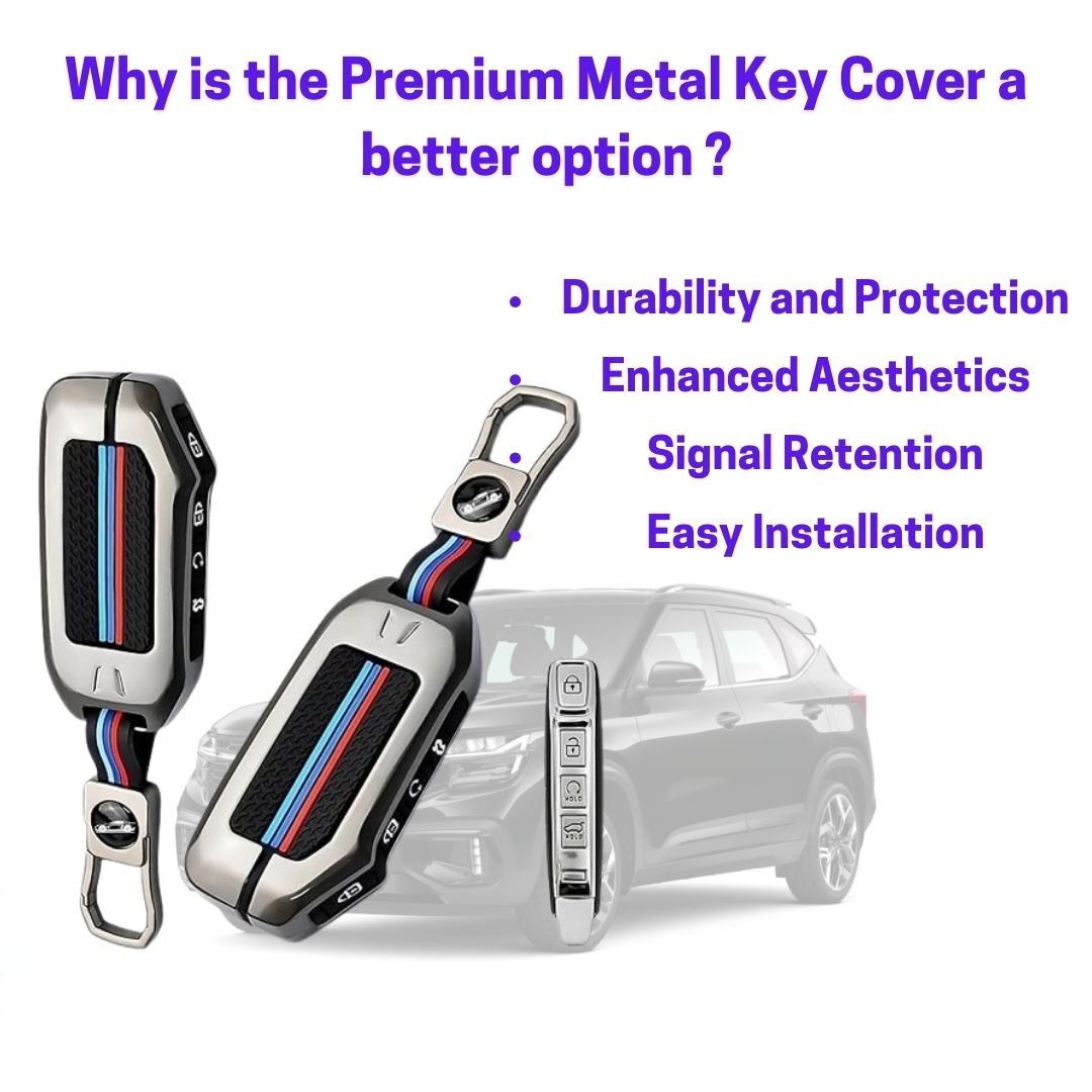 Metal Shell Silicone Key Cover Compatible with Kia Seltos 2023-2024 Facelift HTX, Carens X Line, Sonet Facelift – 4-Button Remote Key Cover for Kia - Flymaster Shop