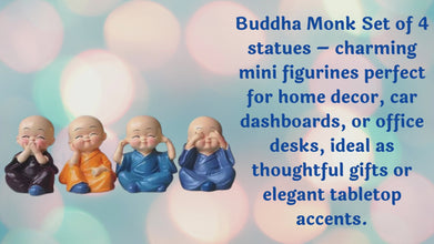 Buddha Monk Set of 4 Statues – Charming Mini Figurines Perfect for Home Decor, Car Dashboards, or Office desks, Ideal as Thoughtful Gifts or Elegant Tabletop Accents. (Pack of 1)