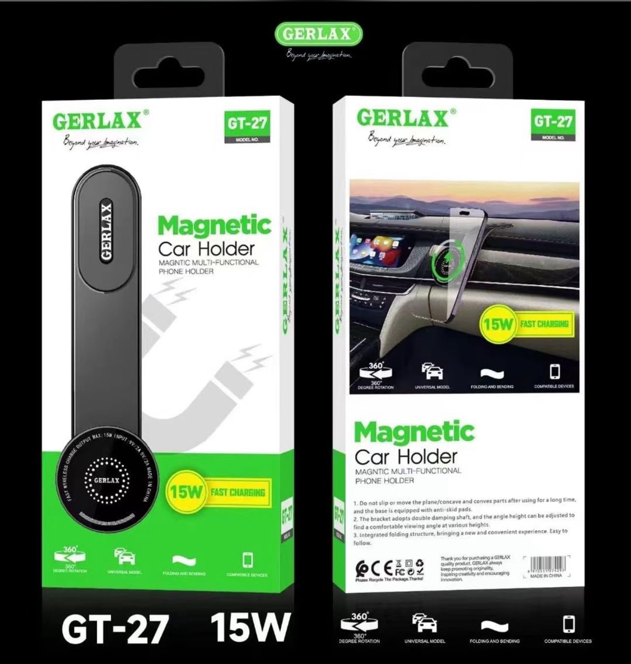 Gerlax® Wireless Car Charger Mount – 15W Fast Charging Phone Holder with Auto-Clamp, 360° Rotation, Type-C – Universal Fit for Dashboard