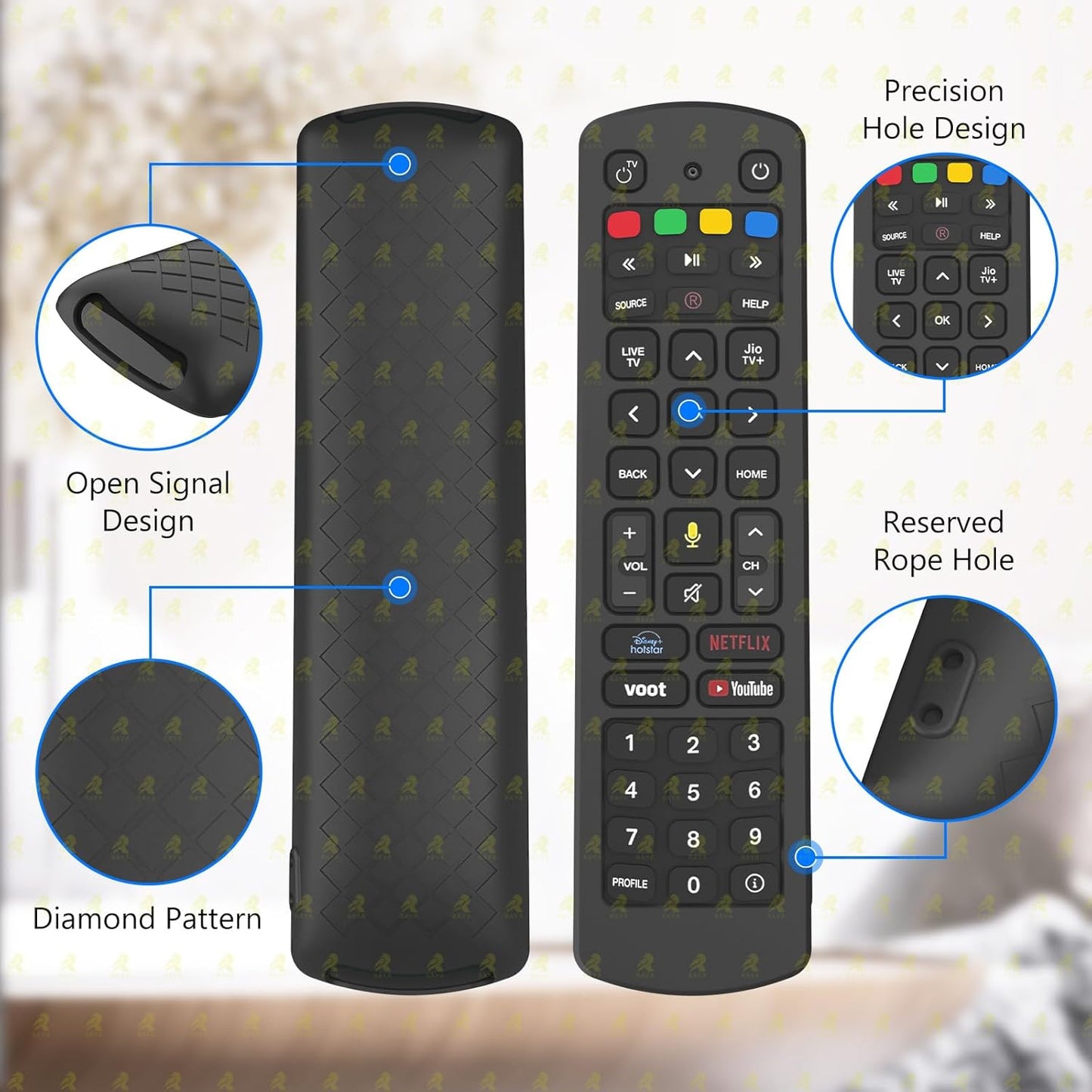 Silicone Cover Compatible with Jio Tv Set Top Box Remote Protective Case with Lanyard [ Remote NOT Included ] (Black)
